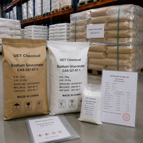 Sodium Gluconate CAS 527-07-1 in 25kg kraft and PP bags with 1kg sample, COA and SDS displayed in UET Chemical warehouse.