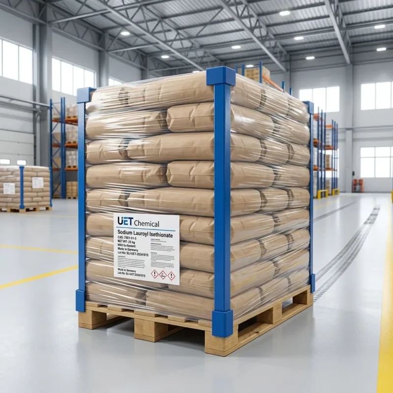 sodium-lauroyl-isethionate-cas-7381-01-3-palletized-bags-shipment Sodium Lauroyl Isethionate (CAS 7381-01-3) 25kg bags palletized and shrink-wrapped, ready for shipment - UET Chemical