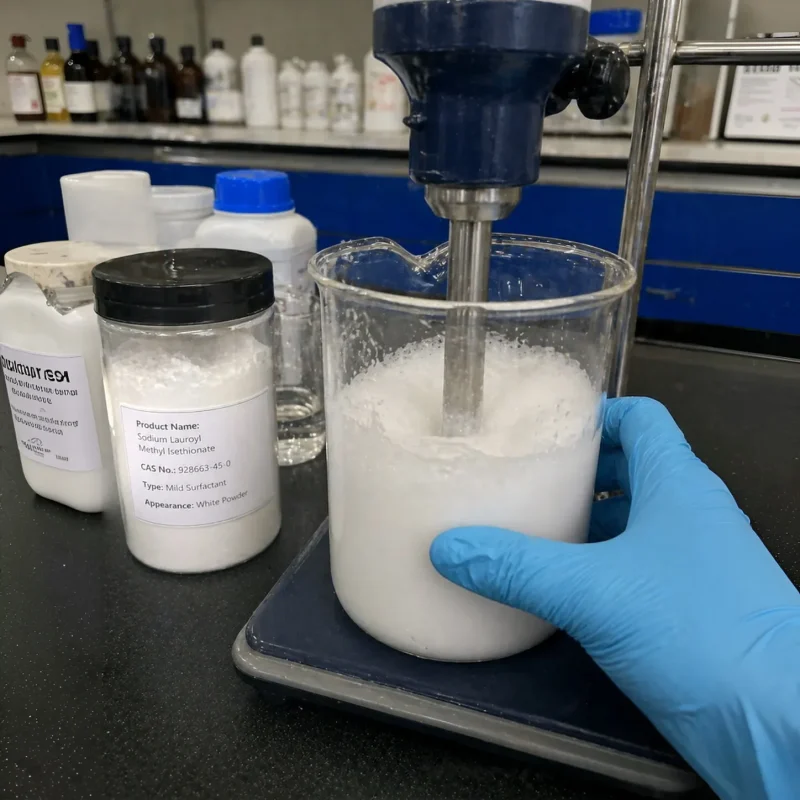 sodium-lauroyl-methyl-isethionate-cas-928663-45-0-lab-formulation-mixing-test Laboratory technician wearing gloves using a mechanical homogenizer to mix Sodium Lauroyl Methyl Isethionate CAS 928663-45-0 in a beaker, offering formulation testing support for personal care products.
