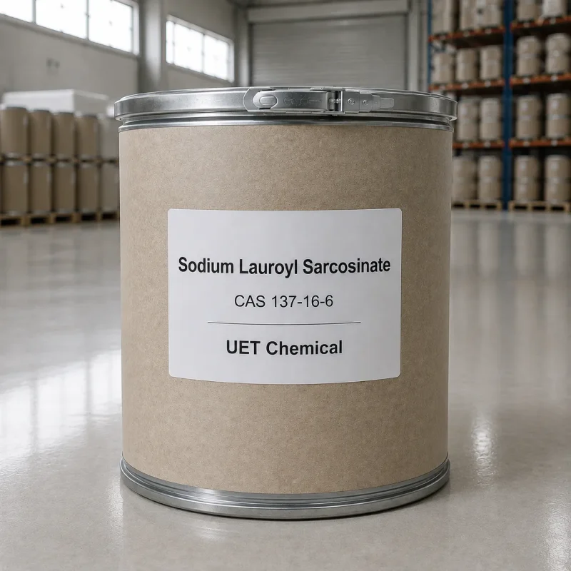 sodium-lauroyl-sarcosinate-cas-137-16-6-fiber-drum-packaging Kraft fiber drum of sodium lauroyl sarcosinate (CAS 137-16-6) with metal lever-lock lid in warehouse – UET Chemical