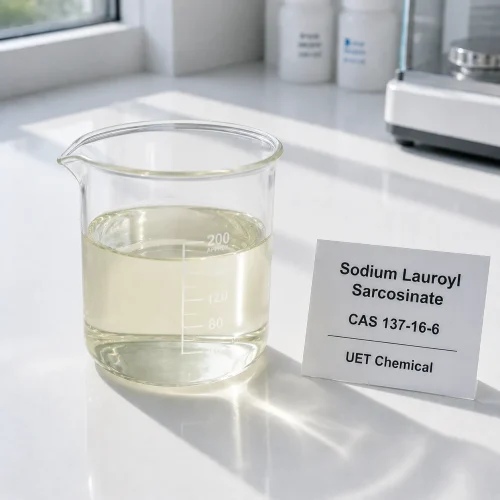 Pale yellow liquid sodium lauroyl sarcosinate (CAS 137-16-6) in glass beaker on laboratory bench – UET Chemical