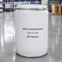 sodium-lauroyl-sarcosinate-cas-137-16-6-plastic-drum-packaging White HDPE plastic drum of sodium lauroyl sarcosinate (CAS 137-16-6) with clamp-ring lid in warehouse – UET Chemical