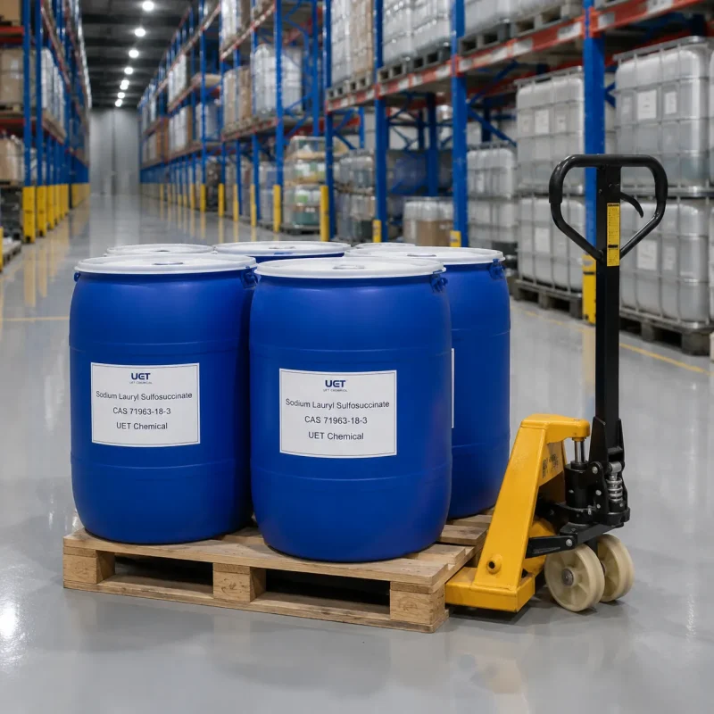 sodium-lauryl-sulfosuccinate-cas-71963-18-3-blue-plastic-drums-pallet-warehouse Blue plastic drums of Sodium Lauryl Sulfosuccinate (CAS 71963-18-3) on a pallet beside a pallet jack in UET Chemical warehouse
