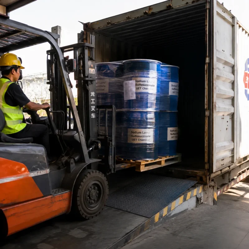 sodium-lauryl-sulfosuccinate-cas-71963-18-3-container-loading-export Forklift loading shrink-wrapped blue drums of Sodium Lauryl Sulfosuccinate (CAS 71963-18-3) into a container for export shipment
