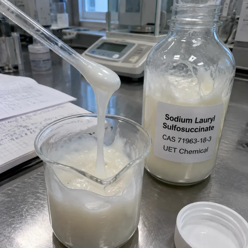 sodium-lauryl-sulfosuccinate-cas-71963-18-3-white-creamy-paste-sample White creamy Sodium Lauryl Sulfosuccinate (CAS 71963-18-3) mild surfactant paste poured into a beaker beside a UET Chemical bottle