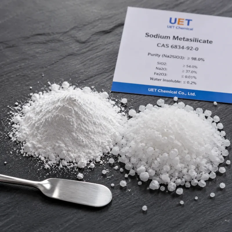 sodium-metasilicate-cas-6834-92-0-powder-granule-specification-card White powder and granular forms of Sodium Metasilicate CAS 6834-92-0 displayed on black slate with a specification card showing purity ≥ 98.0% and UET Chemical branding.