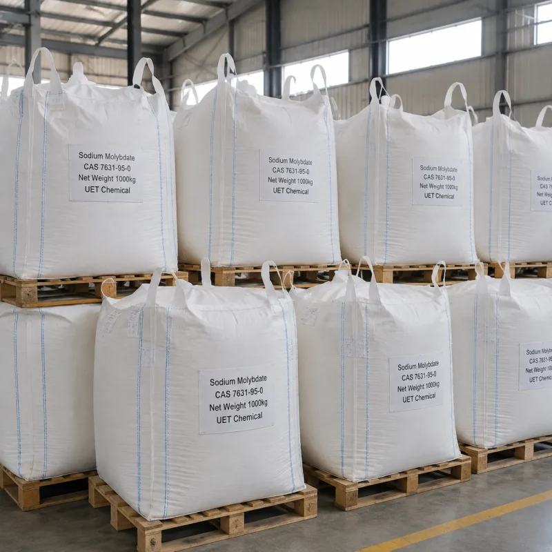 sodium-molybdate-cas-7631-95-0-1000kg-ton-bag-bulk Large white ton bags (Net Weight: 1000kg each) of Sodium Molybdate (CAS 7631-95-0) stacked on wooden pallets in warehouse, labeled UET Chemical, industrial bulk packaging for large-scale fertilizer or chemical manufacturing