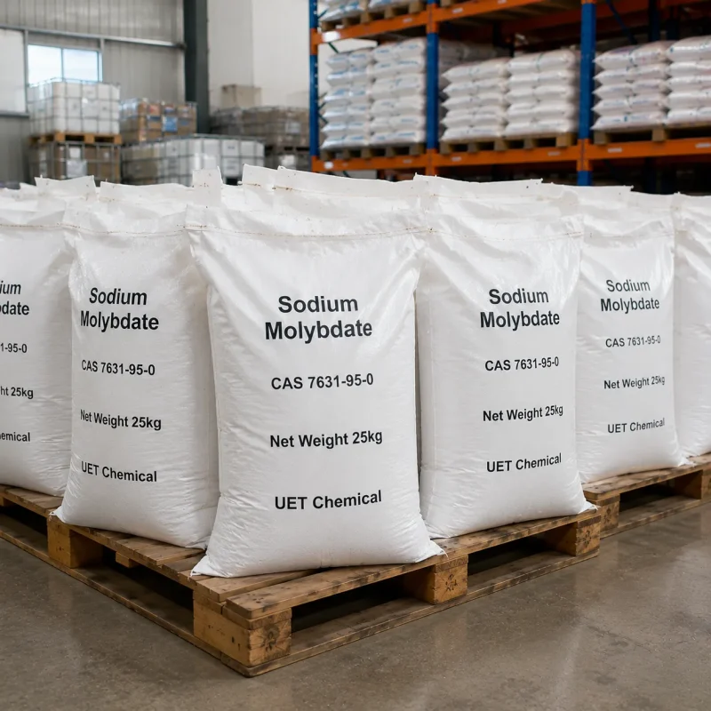 sodium-molybdate-cas-7631-95-0-25kg-bag-pallet Stacked white woven bags (Net Weight: 25kg each) of Sodium Molybdate (CAS 7631-95-0) on wooden pallets in warehouse, all printed with UET Chemical logo, bulk packaging for agricultural or industrial use