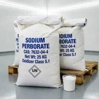 25kg bulk woven bag of Sodium Perborate CAS 7632-04-4 open to show white crystalline powder, prominently displaying the UN diamond and Oxidizer Class 5.1 hazard label alongside a sample jar.