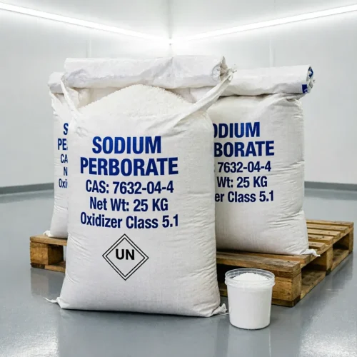 sodium-perborate-cas-7632-04-4-25kg-bag-oxidizer-class-5-1-un-label 25kg bulk woven bag of Sodium Perborate CAS 7632-04-4 open to show white crystalline powder, prominently displaying the UN diamond and Oxidizer Class 5.1 hazard label alongside a sample jar.