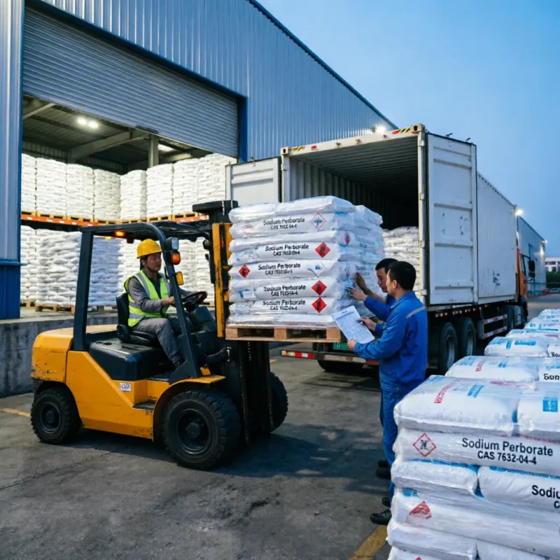 Industrial workers cross-checking bulk bags of Sodium Perborate CAS 7632-04-4 during container loading by forklift, ensuring safe and accurate export logistics for oxidizer chemical transport.