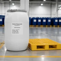 sodium-polyacrylate-200kg-plastic-drum-pallet 200kg white plastic drum of Sodium Polyacrylate CAS 9003-04-7 on a yellow pallet, labeled with batch and weight details by UET Chemical.