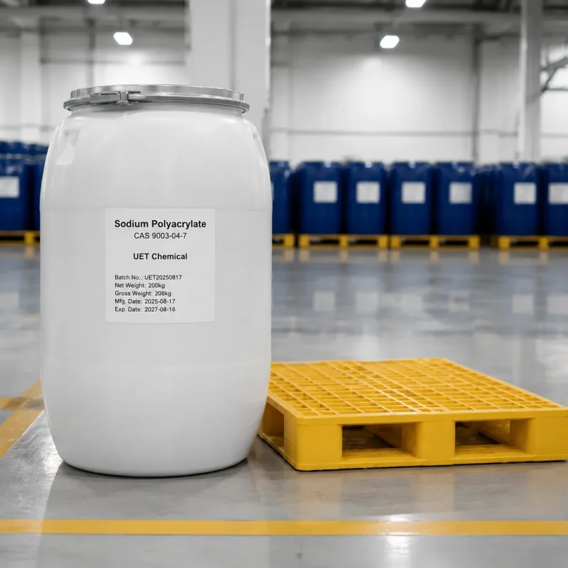 sodium-polyacrylate-200kg-plastic-drum-pallet 200kg white plastic drum of Sodium Polyacrylate CAS 9003-04-7 on a yellow pallet, labeled with batch and weight details by UET Chemical.