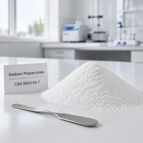 sodium-polyacrylate-cas-9003-04-7-powder-sample White powder sample of Sodium Polyacrylate CAS 9003-04-7 on a lab table with a metal spatula, showing high purity.