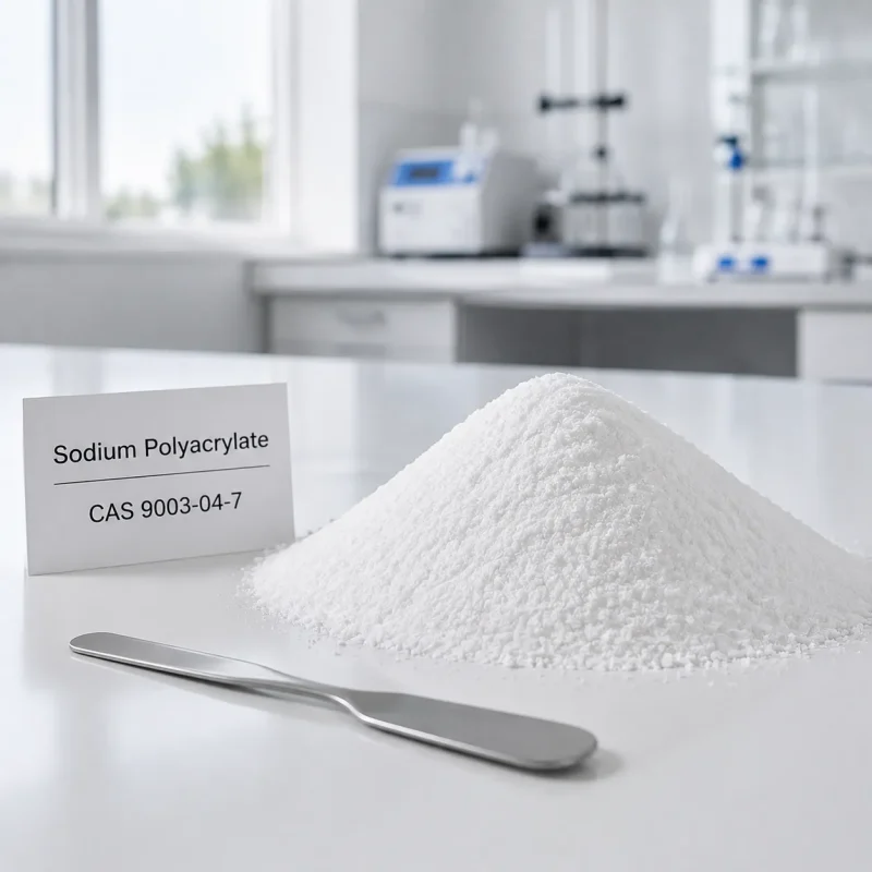 sodium-polyacrylate-cas-9003-04-7-powder-sample White powder sample of Sodium Polyacrylate CAS 9003-04-7 on a lab table with a metal spatula, showing high purity.