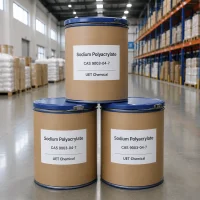 sodium-polyacrylate-industrial-drum-packaging-warehouse Stacked industrial fiber drums of Sodium Polyacrylate CAS 9003-04-7 in a warehouse, ready for bulk shipment by UET Chemical.