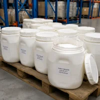 sodium-salicylate-white-plastic-drum-packaging-bulk White plastic drums containing Sodium Salicylate (CAS 54-21-7) stacked on wooden pallets in warehouse, one drum open with lid off showing white crystalline powder inside, labeled UET Chemical, industrial packaging for bulk export orders