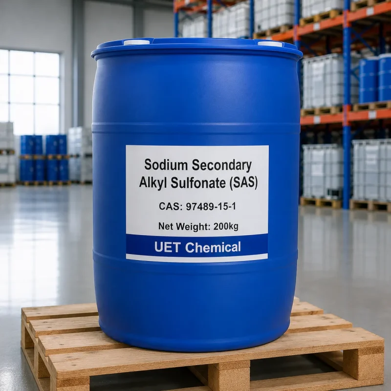 sodium-secondary-alkyl-sulfonate-sas-cas-97489-15-1-200kg-blue-drum 200kg blue plastic drum of Sodium Secondary Alkyl Sulfonate (SAS) CAS 97489-15-1 on a wooden pallet in a warehouse, label displaying UET Chemical and net weight.