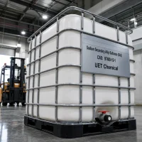 sodium-secondary-alkyl-sulfonate-sas-cas-97489-15-1-white-ibc-tote-tank Large white IBC tote tank containing Sodium Secondary Alkyl Sulfonate (SAS) CAS 97489-15-1 with metal cage frame, label showing UET Chemical, forklift visible in the background.
