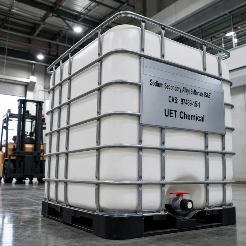 sodium-secondary-alkyl-sulfonate-sas-cas-97489-15-1-white-ibc-tote-tank Large white IBC tote tank containing Sodium Secondary Alkyl Sulfonate (SAS) CAS 97489-15-1 with metal cage frame, label showing UET Chemical, forklift visible in the background.