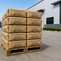 sodium-stannate-trihydrate-cas-12209-98-2-25kg-paper-bag-pallet Multiple 25kg brown paper bags of Sodium Stannate Trihydrate CAS 12209-98-2 stacked on a wooden pallet, labeled UET Chemical, outside a factory building.