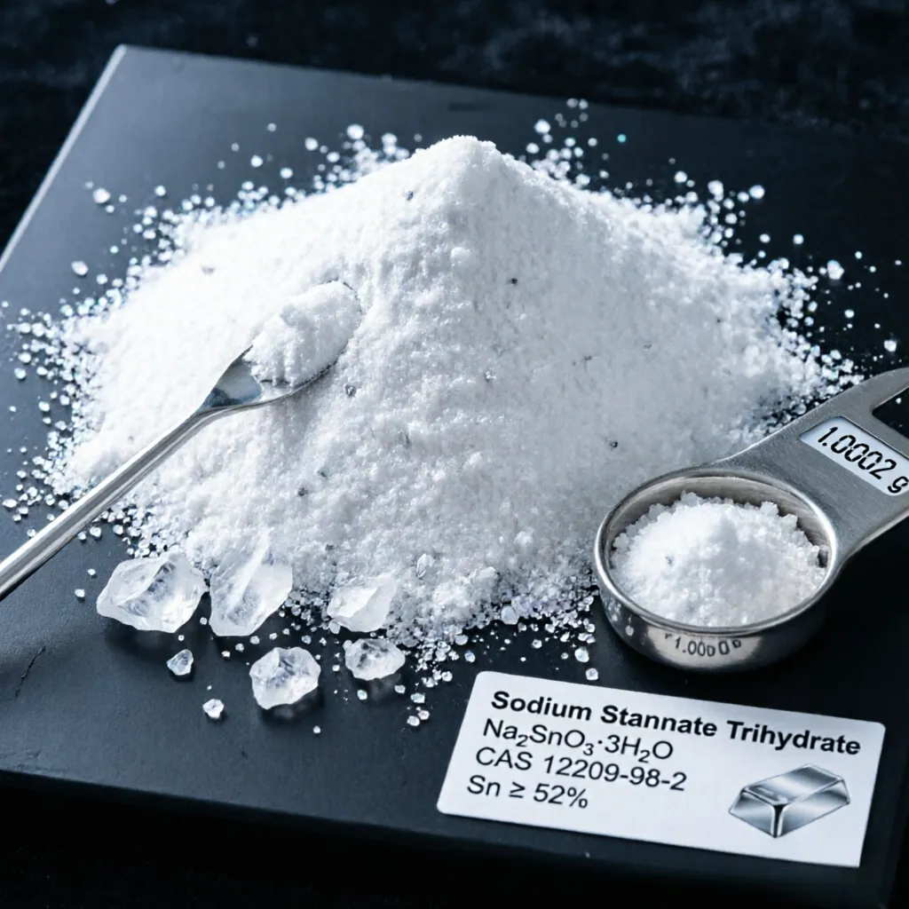 High-purity Sodium Stannate Trihydrate (CAS 12209-98-2) white crystalline powder with Sn ≥ 52% purity, displayed with a precise 1.0002g weighing spoon and ice-like crystals, essential for high-end electroplating baths and glass surface treatment.