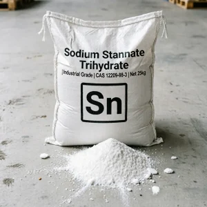 sodium-stannate-trihydrate-industrial-grade-25kg-woven-bag Industrial grade Sodium Stannate Trihydrate (CAS 12209-98-2) 25kg woven sack packaging placed on the warehouse floor, shown with a pile of white powder and Sn elemental symbol, serving as a reliable plating agent and catalyst.