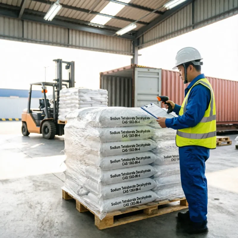 sodium-tetraborate-decahydrate-cas-1303-96-4-pallet-warehouse-inventory. Warehouse inventory management of Sodium Tetraborate Decahydrate (Borax Decahydrate) CAS 1303-96-4 25kg bags on a pallet, with a worker scanning the shrink-wrapped cargo using a barcode scanner to ensure export shipping accuracy.