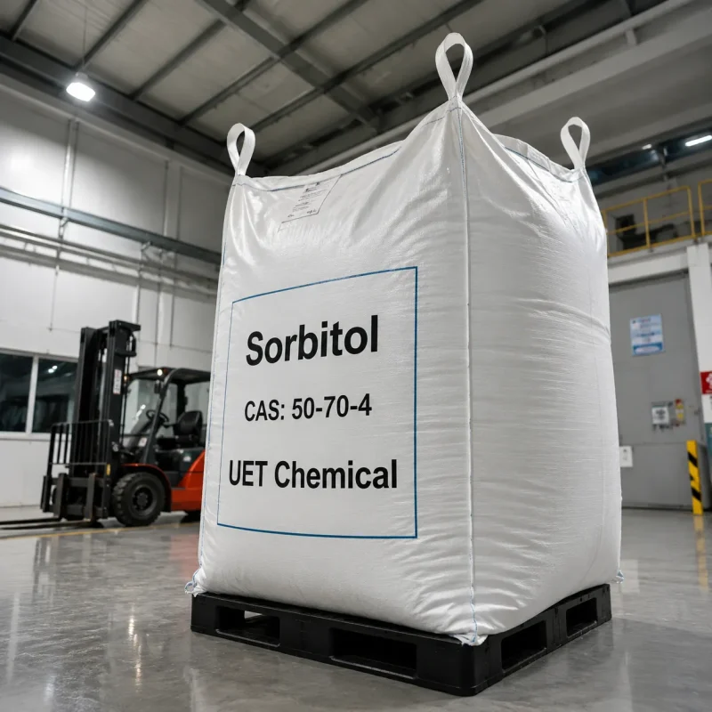 sorbitol-cas-50-70-4-1000kg-white-ton-bag-bulk-packaging Large white jumbo bag (ton bag) of Sorbitol CAS 50-70-4 on a black plastic pallet in a warehouse, label showing UET Chemical branding, with a forklift visible in the background.