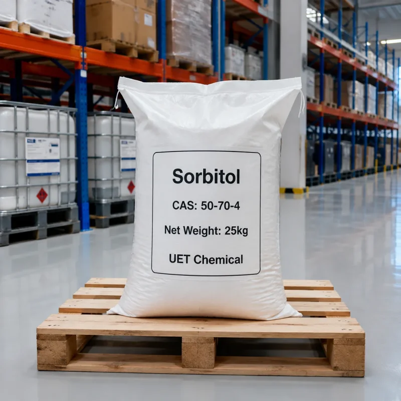 sorbitol-cas-50-70-4-25kg-white-woven-bag-packaging 25kg white woven bag of Sorbitol CAS 50-70-4 on a wooden pallet in a warehouse, label showing net weight and UET Chemical branding, with stacked bags visible on shelves in the background.