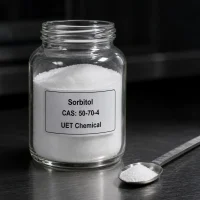 sorbitol-cas-50-70-4-white-crystalline-powder-sample-glass-bottle White crystalline powder sample of Sorbitol CAS 50-70-4 in a transparent glass bottle with a metal spoon beside it on a dark lab bench, label showing UET Chemical branding.