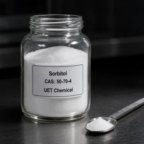 White crystalline powder sample of Sorbitol CAS 50-70-4 in a transparent glass bottle with a metal spoon beside it on a dark lab bench, label showing UET Chemical branding.