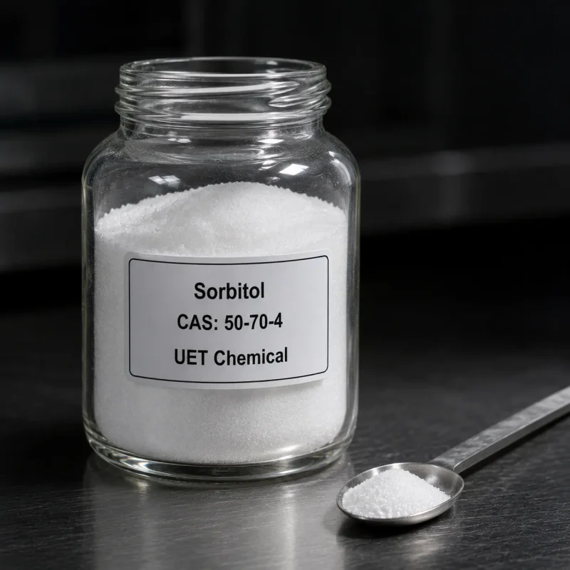 sorbitol-cas-50-70-4-white-crystalline-powder-sample-glass-bottle White crystalline powder sample of Sorbitol CAS 50-70-4 in a transparent glass bottle with a metal spoon beside it on a dark lab bench, label showing UET Chemical branding.