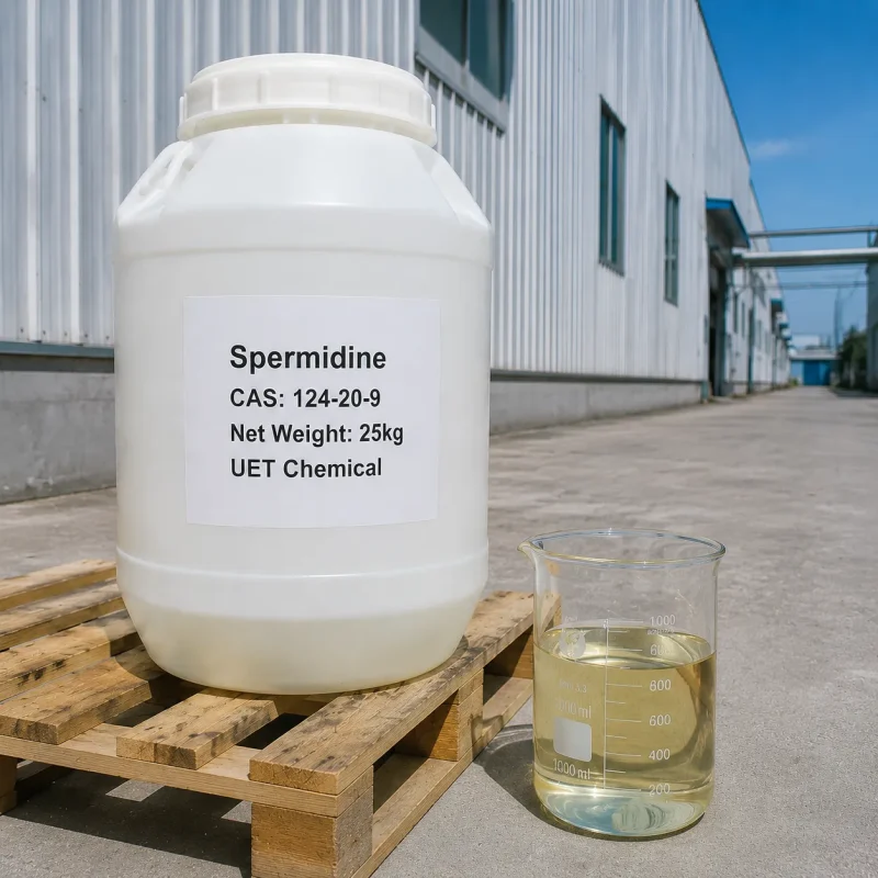 spermidine-cas-124-20-9-25kg-plastic-drum-sample A 25kg white plastic drum of Spermidine CAS 124-20-9 on wooden pallet, with a beaker of pale yellow liquid sample beside it, outside a factory building.