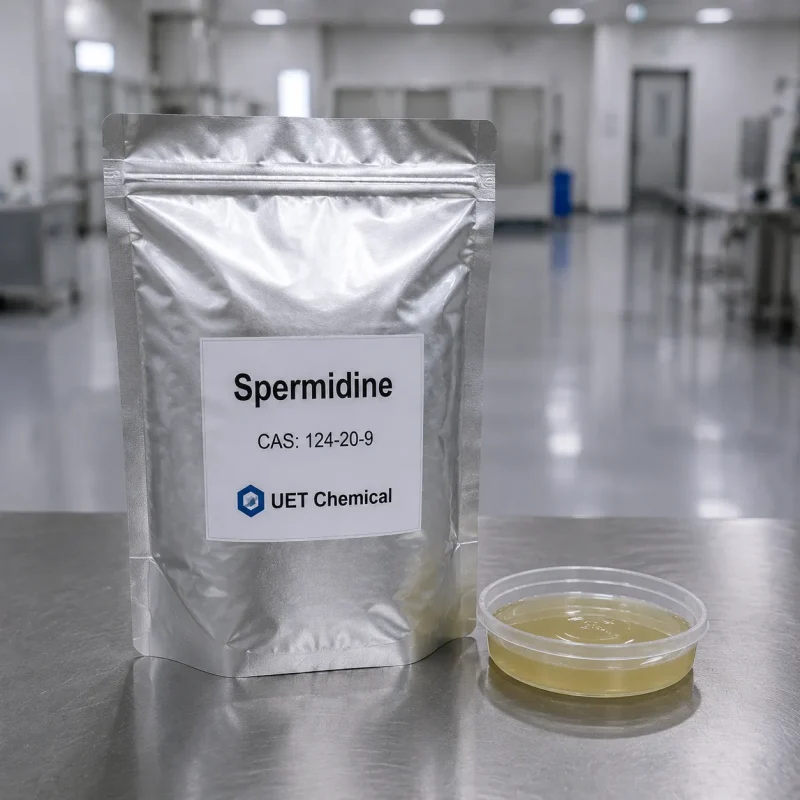 spermidine-cas-124-20-9-silver-foil-bag-sample A silver foil bag of Spermidine CAS 124-20-9 labeled UET Chemical, with a sample dish of pale yellow liquid beside it, on a stainless steel table in a clean lab environment.
