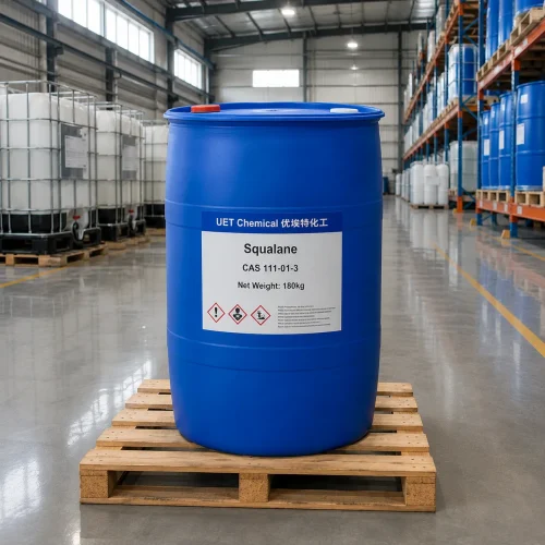 Blue 180kg plastic drum of Squalane CAS 111-01-3 on a wooden pallet in a modern chemical warehouse, ready for bulk shipping to cosmetic manufacturers by UET Chemical.