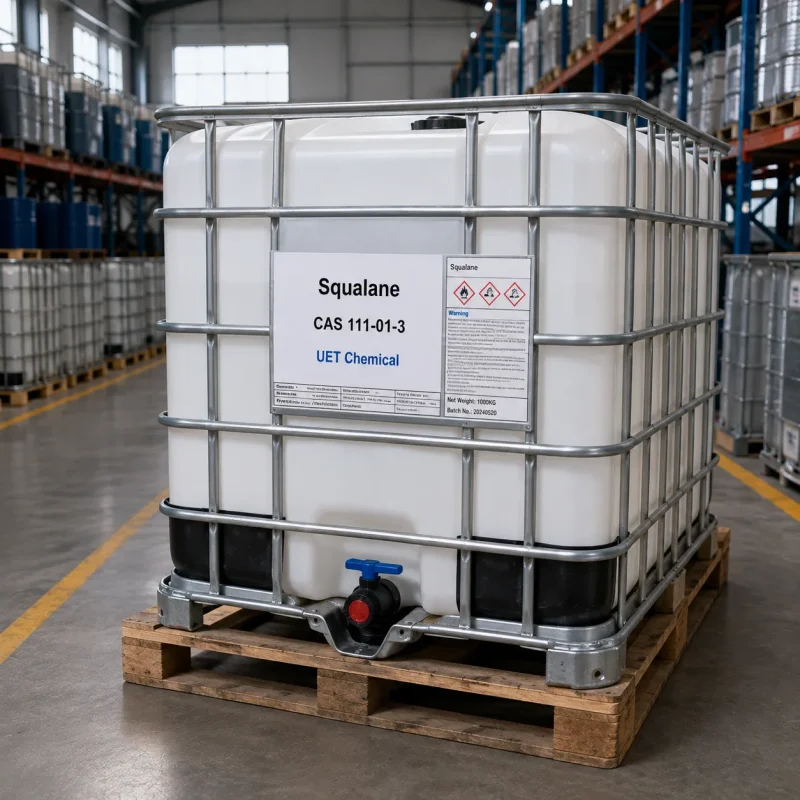 squalane-cas-111-01-3-ibc-tote-1000kg-bulk-uetchmical IBC tote container (1000kg) of Squalane CAS 111-01-3 with metal cage frame on a wooden pallet in a warehouse, demonstrating large-scale bulk supply capacity for international cosmetic industry buyers by UET Chemical.