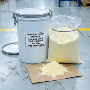 stannous-chloride-dihydrate-cas-10025-69-1-25kg-moisture-proof-drum Industrial Grade Stannous Chloride Dihydrate (Tin(II) Chloride Dihydrate) CAS 10025-69-1 25kg drum packaging with a sealed PE inner bag. The label prominently features "Keep Sealed & Dry", highlighting essential moisture-proof protection for chemical storage and transport.