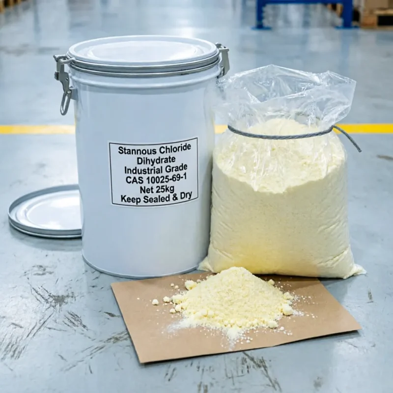 stannous-chloride-dihydrate-cas-10025-69-1-25kg-moisture-proof-drum Industrial Grade Stannous Chloride Dihydrate (Tin(II) Chloride Dihydrate) CAS 10025-69-1 25kg drum packaging with a sealed PE inner bag. The label prominently features "Keep Sealed & Dry", highlighting essential moisture-proof protection for chemical storage and transport.
