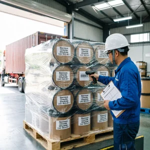 stannous-chloride-dihydrate-cas-10025-69-1-bulk-export-pallet Bulk export loading of Industrial Grade Stannous Chloride Dihydrate (Tin(II) Chloride Dihydrate) CAS 10025-69-1 fiber drums shrink-wrapped on a wooden pallet, with a warehouse worker scanning the inventory for precise shipping compliance.