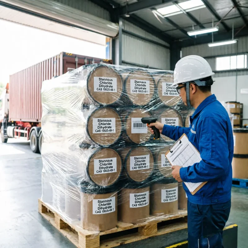 stannous-chloride-dihydrate-cas-10025-69-1-bulk-export-pallet Bulk export loading of Industrial Grade Stannous Chloride Dihydrate (Tin(II) Chloride Dihydrate) CAS 10025-69-1 fiber drums shrink-wrapped on a wooden pallet, with a warehouse worker scanning the inventory for precise shipping compliance.