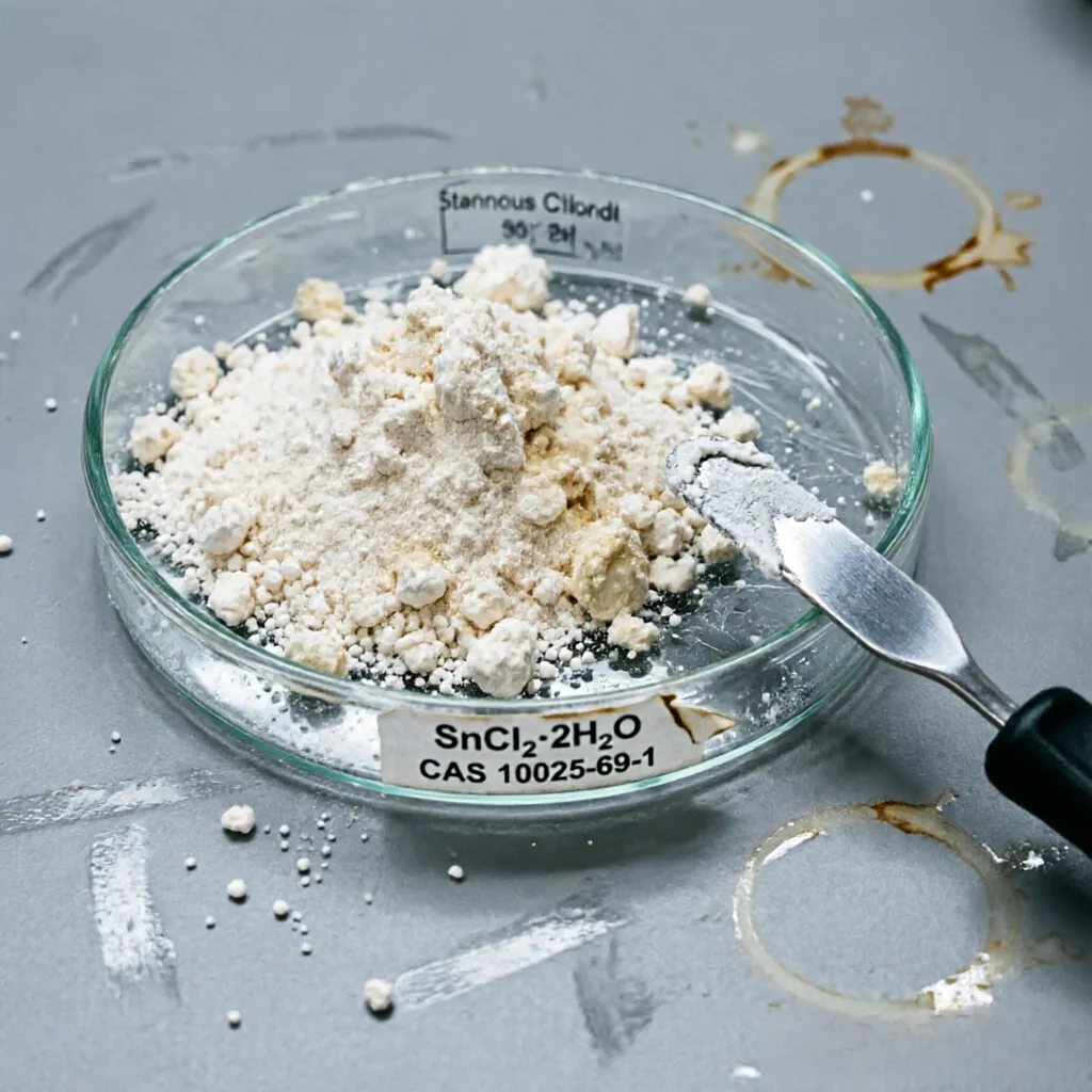 High-quality Stannous Chloride Dihydrate (Tin(II) Chloride Dihydrate) CAS 10025-69-1 white crystalline powder in a glass petri dish with a spatula, showcasing the fine texture ideal for use as an industrial reducing agent and tin electroplating material.