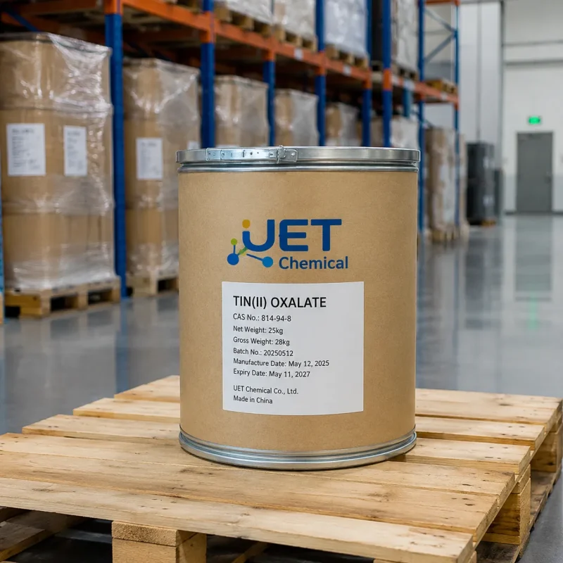 stannous-oxalate-tin-ii-oxalate-25kg-fiber-drum-cas-814-94-8 25kg fiber drum of stannous oxalate tin(II) oxalate CAS 814-94-8 by UET Chemical on wooden warehouse pallet