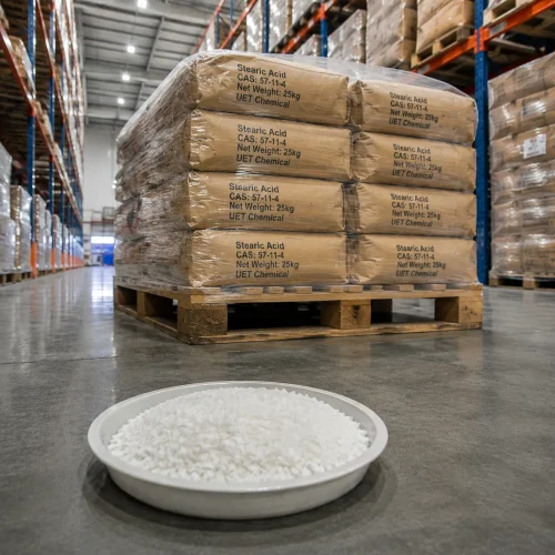White granular Stearic Acid CAS 57-11-4 sample in a bowl, with stacked 25kg paper bags labeled UET Chemical on a wooden pallet in the background.