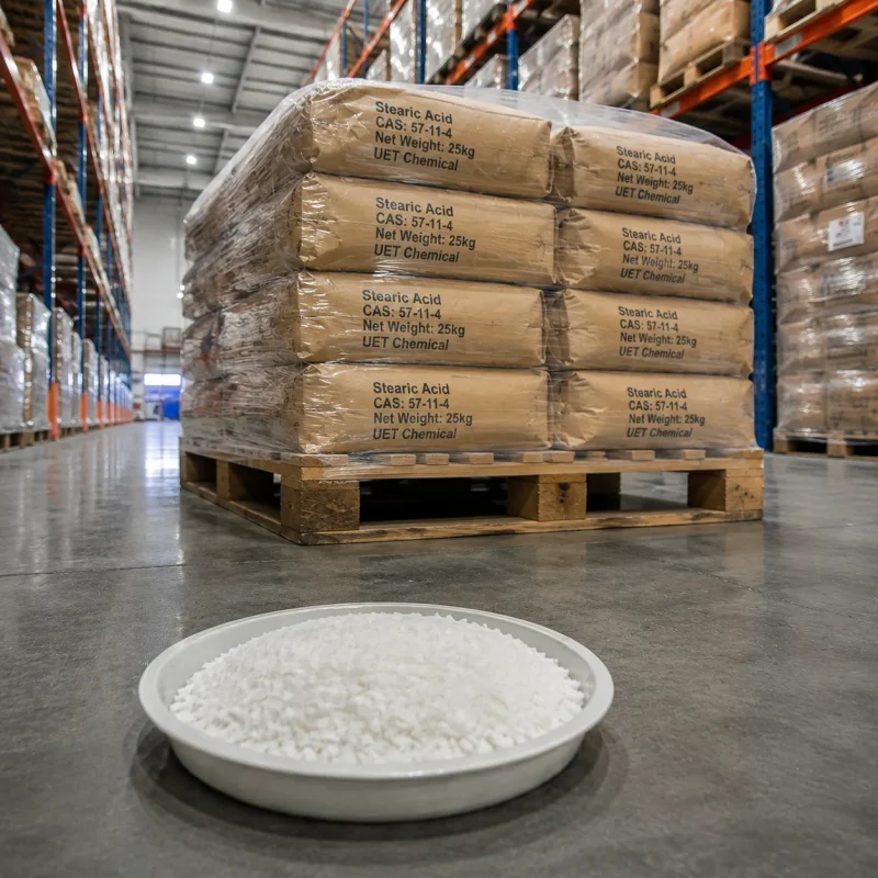 stearic-acid-cas-57-11-4-25kg-paper-bag-sample White granular Stearic Acid CAS 57-11-4 sample in a bowl, with stacked 25kg paper bags labeled UET Chemical on a wooden pallet in the background.