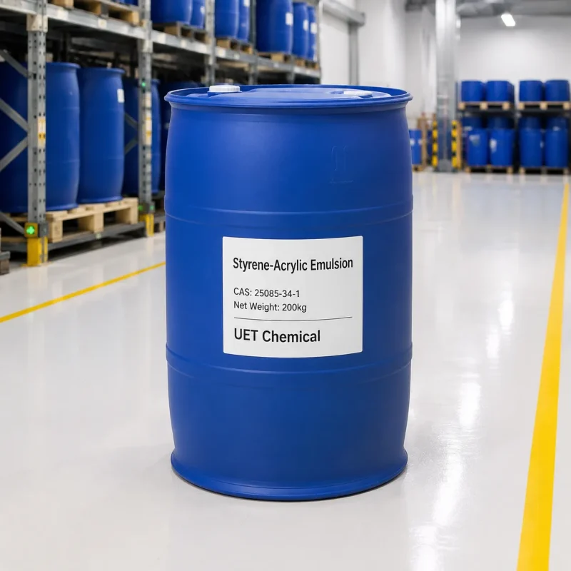 Styrene-acrylic emulsion CAS 25085-34-1 packed in 200kg blue plastic drums for bulk supply - UET Chemical