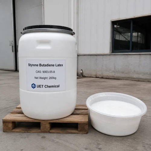 A 200kg white plastic drum of Styrene Butadiene Latex (SBR Emulsion) CAS 9003-55-8 on wooden pallet, with a sample bowl of milky white liquid beside it, outside a factory building.