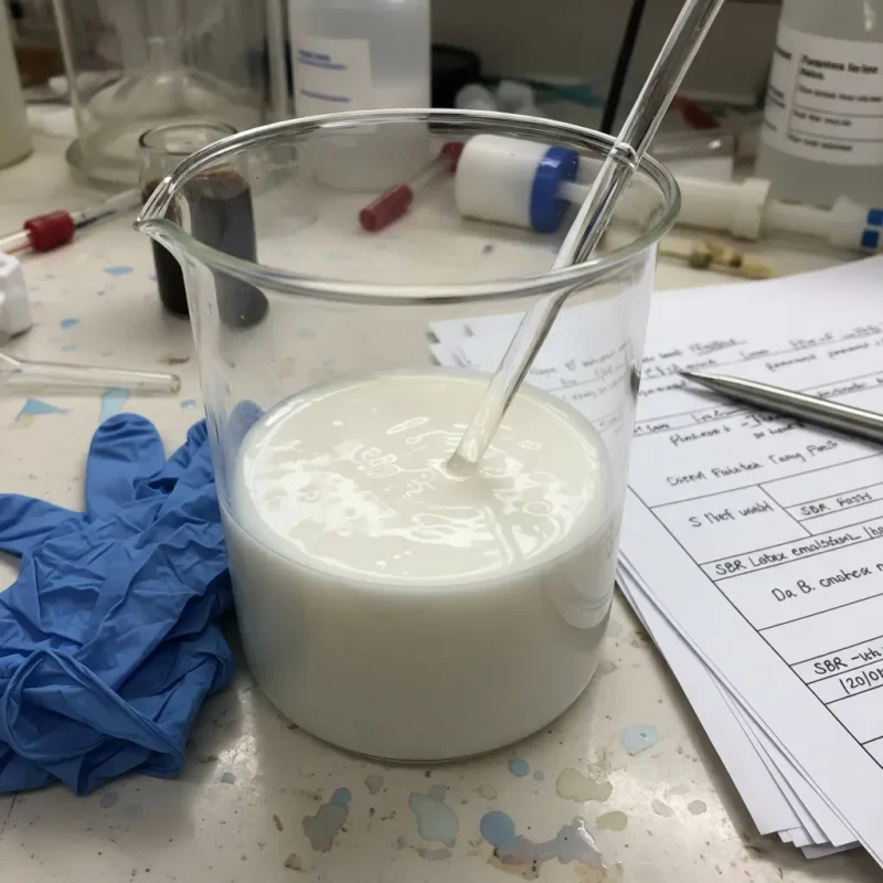 styrene-butadiene-latex-sbr-emulsion-cas-9003-55-8-lab-beaker-sample A glass beaker containing milky white Styrene Butadiene Latex (SBR Emulsion) CAS 9003-55-8 being stirred with a glass rod in a lab setting, with experiment notes and blue gloves nearby.