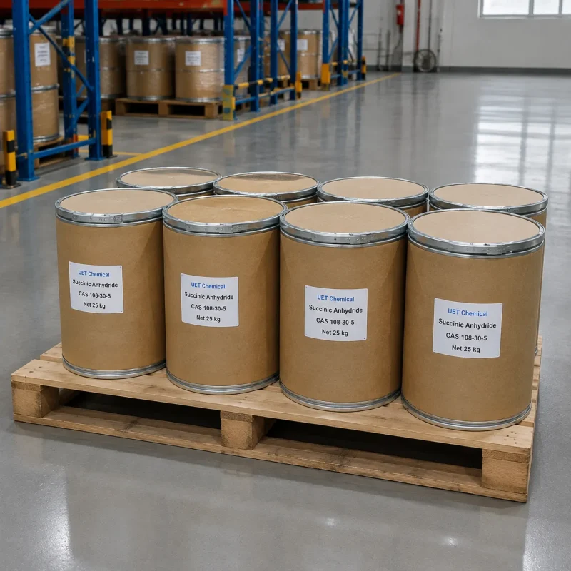 succinic-anhydride-25kg-cardboard-drum-pallet-stock Multiple 25 kg cardboard drums of Succinic Anhydride (CAS 108-30-5) stacked on wooden pallets in warehouse, labeled UET Chemical, bulk packaging ready for industrial distribution and chemical synthesis applications