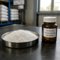 succinic-anhydride-white-crystal-powder-sample-metal-dish White crystalline powder of Succinic Anhydride (CAS 108-30-5) displayed in stainless steel dish beside amber glass reagent bottle on dark lab surface, labeled UET Chemical, sample for purity and physical property verification